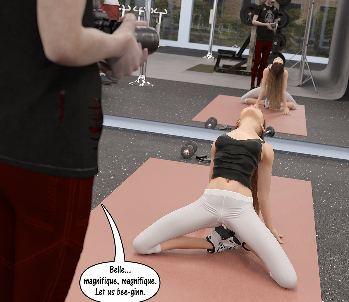 Stretching out like this with only a thin layer between me and the men watching - Natasha gym 2